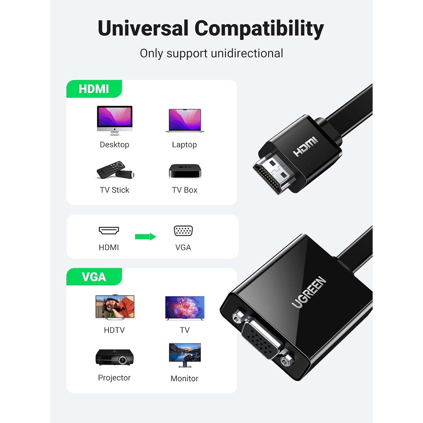 محول UGREEN HDMI إلى VGA 25 سم (أسود) / 40248