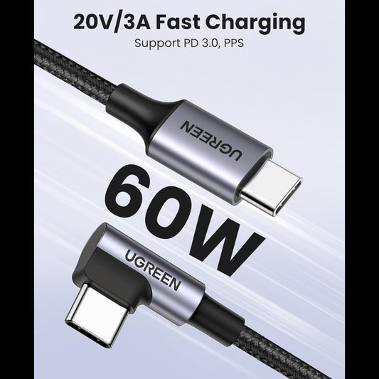 UGREEN USB-C 2.0 Male To Angled USB-C 2.0 Male 3A Data Cable(90°Angle) /US255