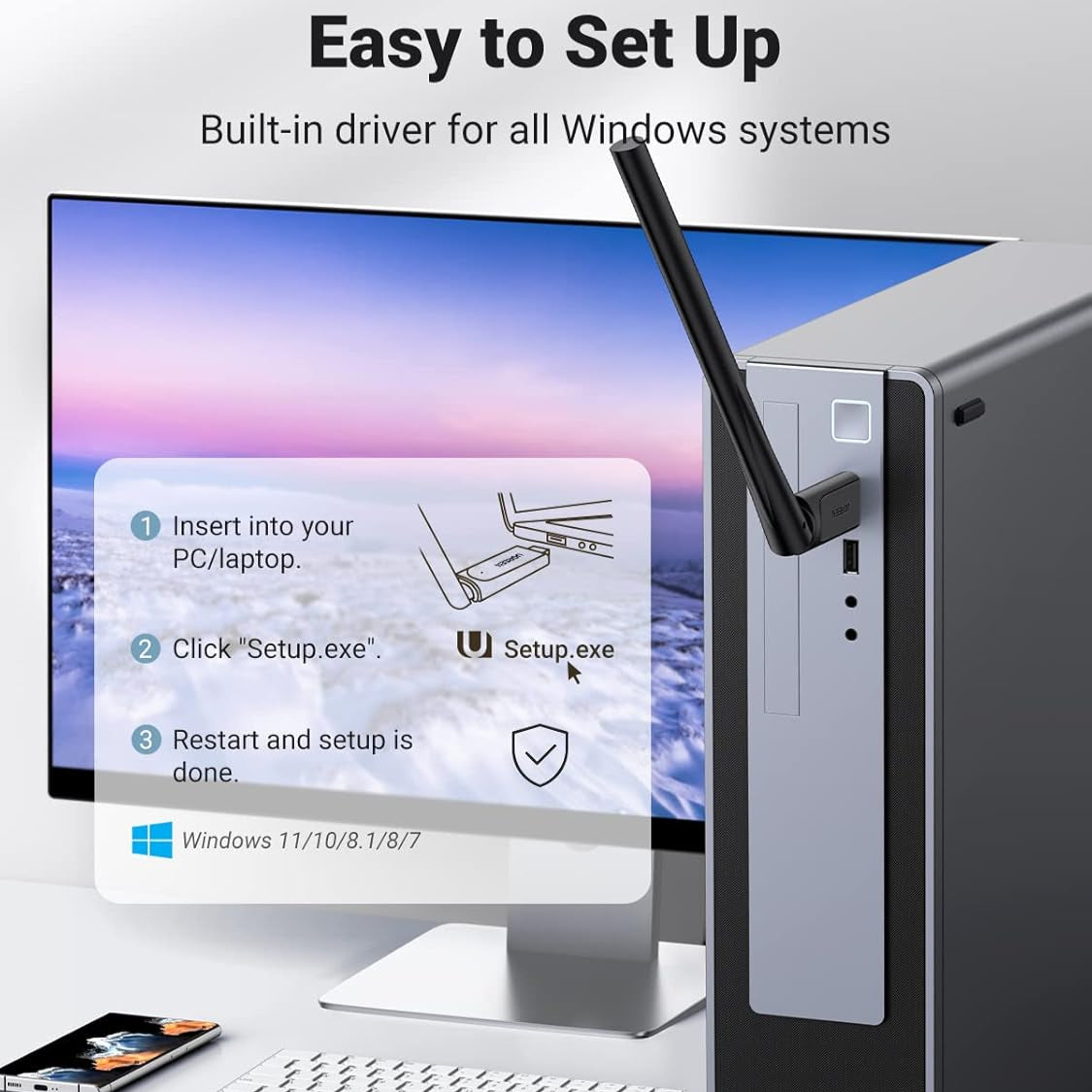 UGREEN AC650 USB WiFi Adapter for PC Desktop 6dBi Antenna / 90339