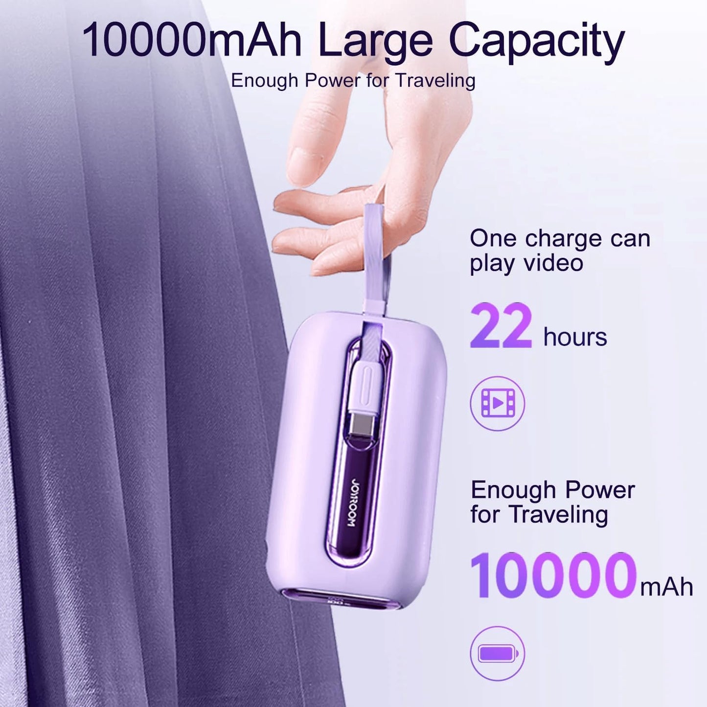 JOYROOM Mini Power Bank 22.5W 10000mAh with Dual Cables (Purple) / JR-L0120