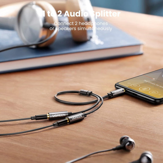 10532 / موزع سماعة رأس UGREEN 3.5 مم ستيريو Y موزع كابل تمديد AUX ذكر إلى أنثى محول مقبس سماعة رأس مزدوج لسماعات الأذن