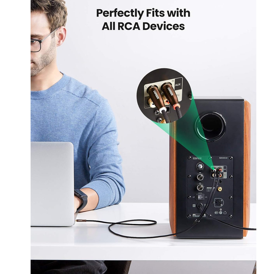 كابل UGREEN 3.5 مم ذكر إلى 2 ذكر RCA محول صوت ستيريو مع علبة نحاسية مضفرة وكابل AUX / AV170