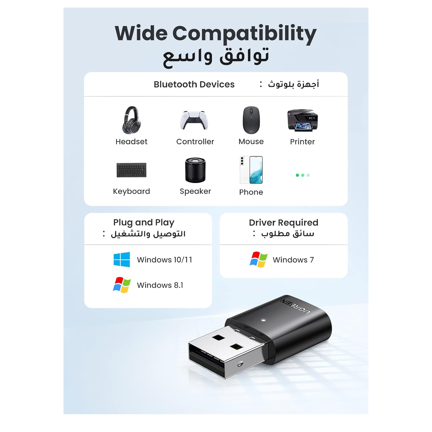 UGREEN USB Bluetooth Adapter for PC, 5.0 Bluetooth Dongle Receiver /80889