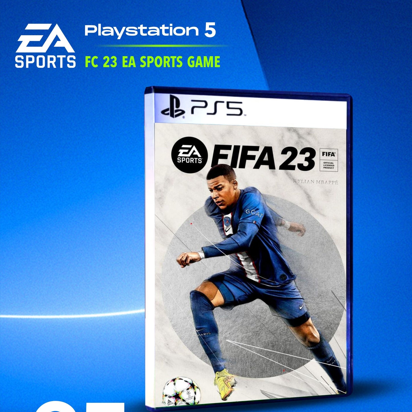 A cover image for FIFA 23 video game, featuring a soccer player in blue and white attire, with the EA Sports and FIFA branding, indicating the game is for PS5.