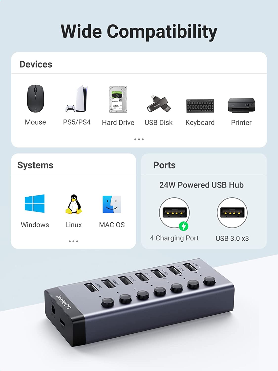 موزع إلى منافذ متعددة من يوجرين |UGREEN USB-C to 7-Port USB-A 3.0 Hub DC 12V EU |90307