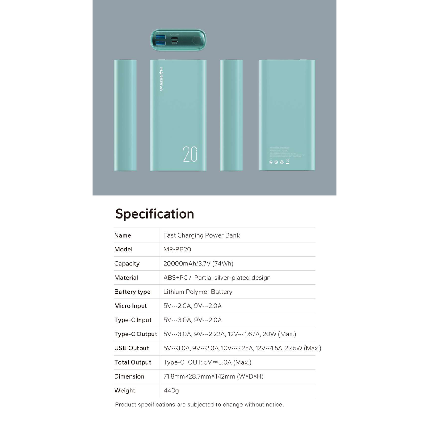 باور بانك بسعة 20000 مللي أمبير | شحن سريع | مارسريفا.من.لينكوم | MR.PB20