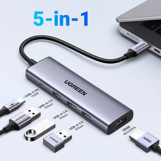 محول من USB-C إلى "اتش دي ام اي" + 3 منافذ USB-3.0 حتى 5 جيجابت في الثانية + مدخل طاقة "بي دي" متعدد الوظائف من يوجرين / 15596