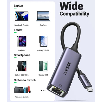 محول إيثرنت USB 2.0 Type-C يدعم سرعات 10/100/1000 من يوجرين لون رمادي فضائي|50737