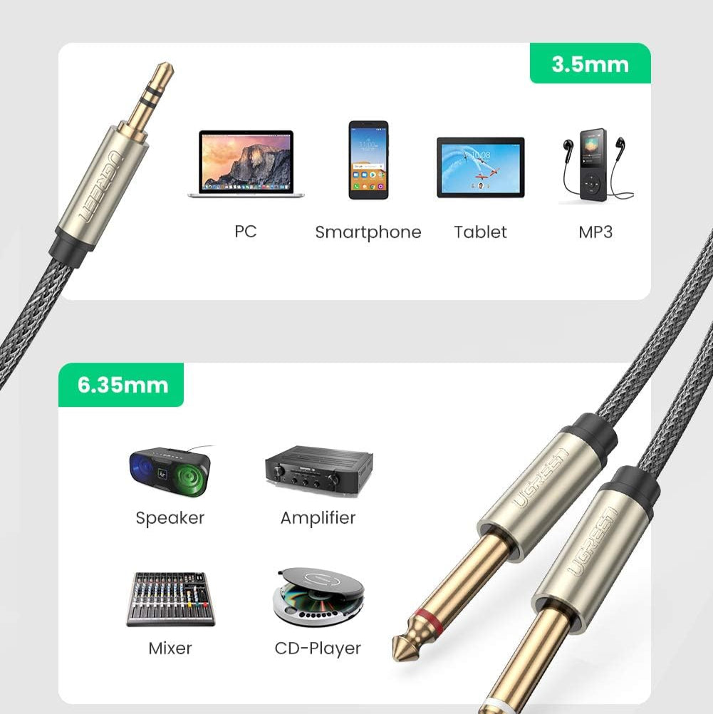 كابل صوت Ugreen بمقبس صغير 3.5 مم - 2 × مقبس 6.35 مم 2 متر رمادي / AV126 