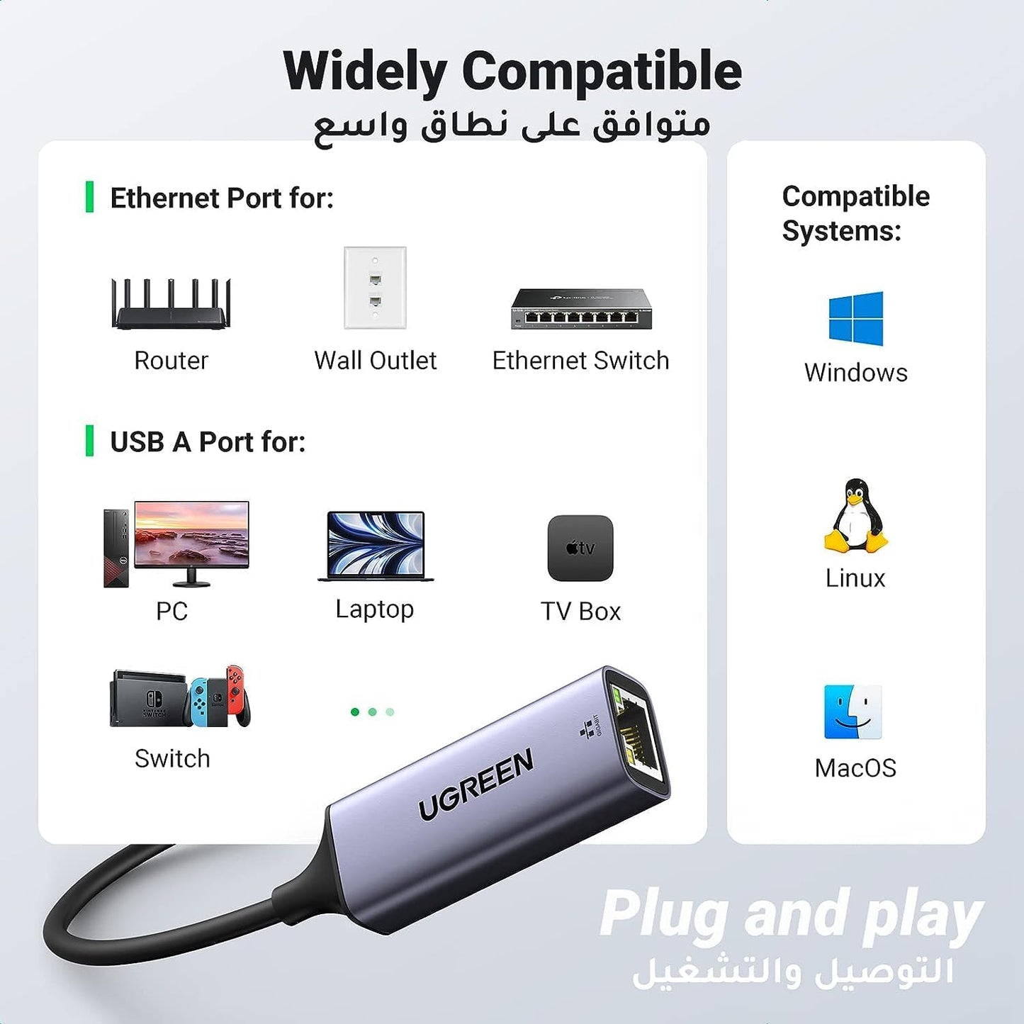 محول إيثرنت USB إلى RJ45 من يوجرين مع علبة من الألومنيوم (رمادي فضائي) /50922