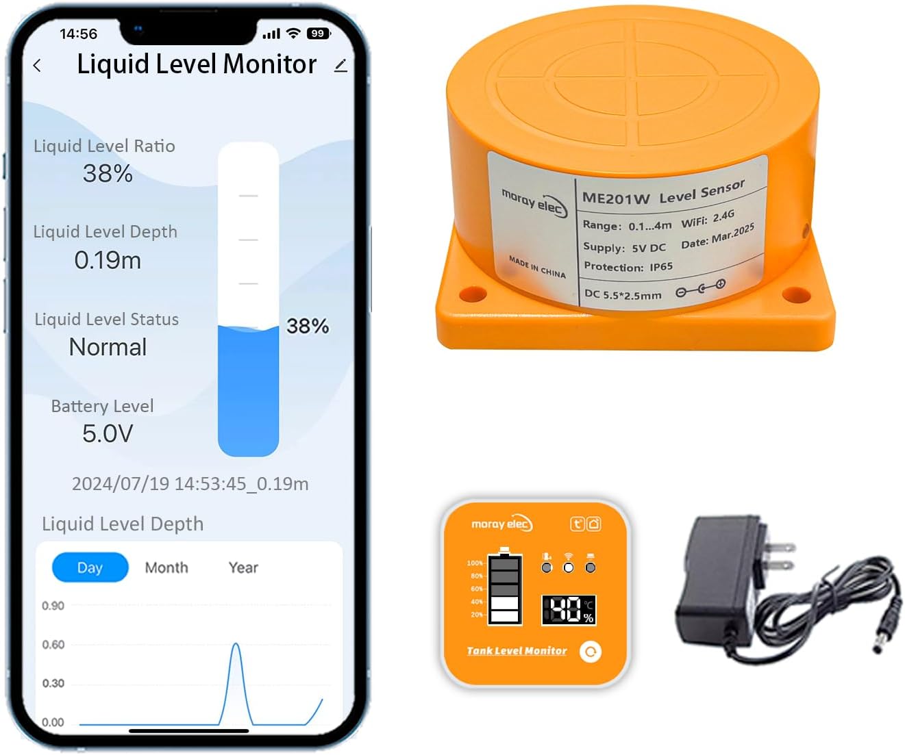 جهاز قياس مستوى الخزان | شاشة منزلية وايفاي و حساس لاسلكي | Moray ME201R