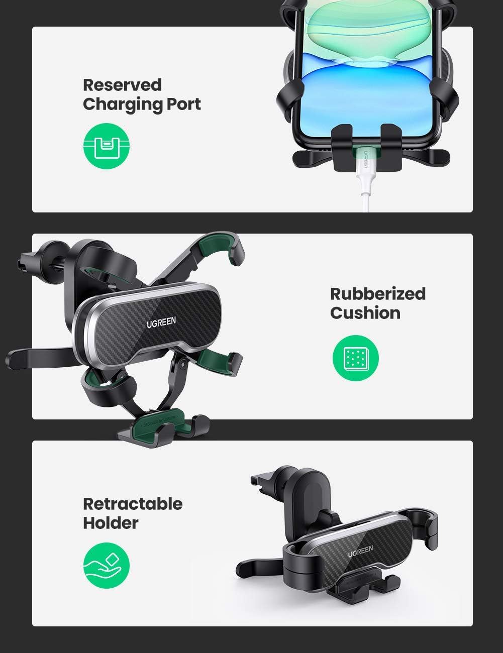 UGREEN Car Phone Mount Retractable Air Vent Gravity Cell Phone Holder Cradle with Hook /80871