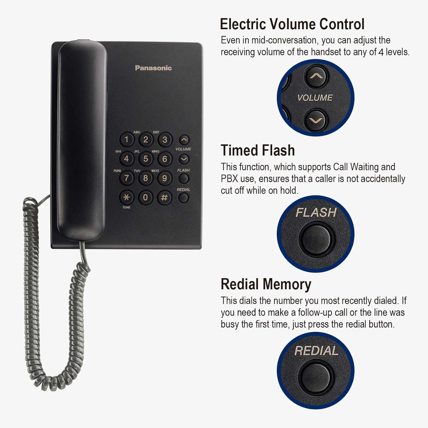 Panasonic KX-TS500FX Integrated Corded Telephone, Black