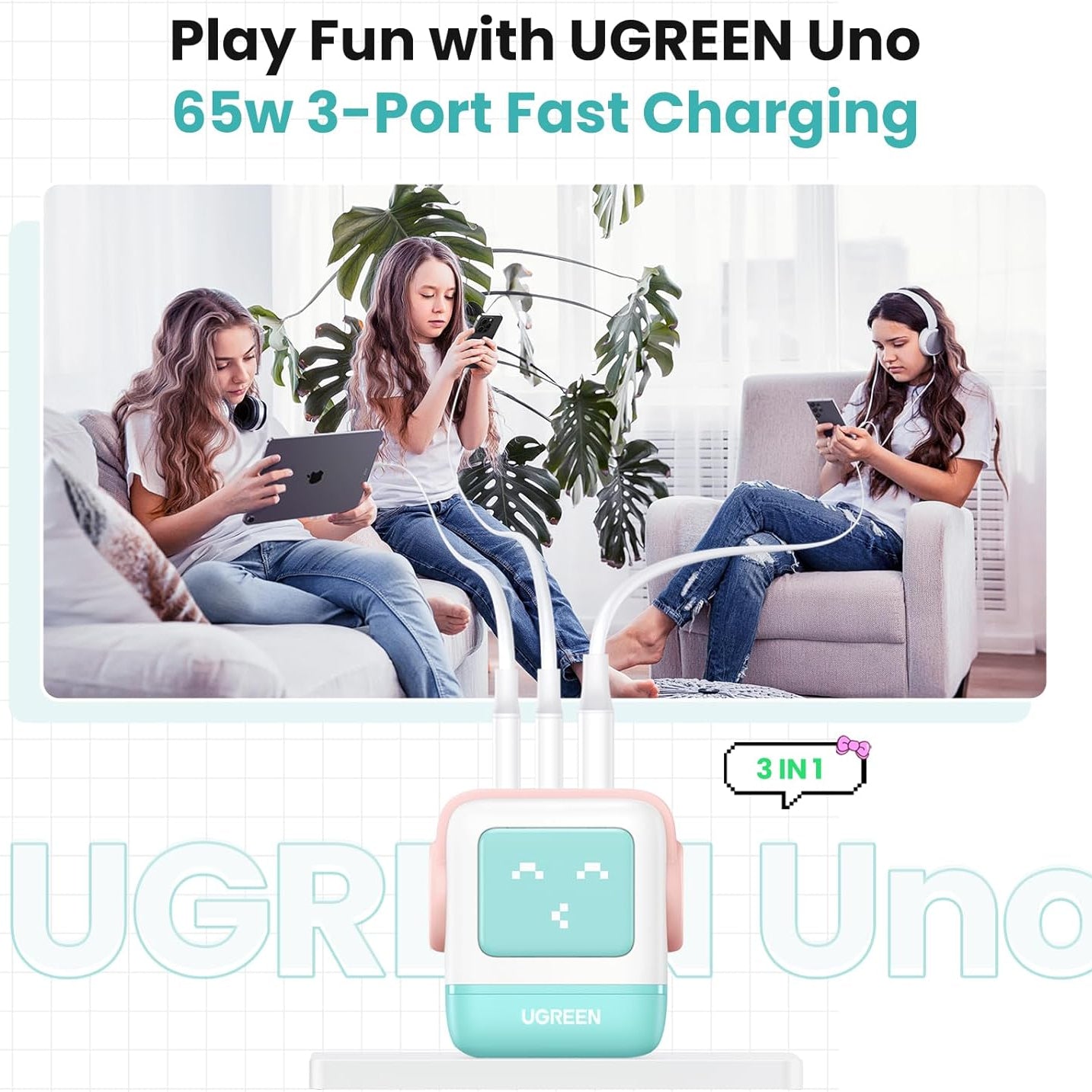 شاحن يوجرين على شكل روبوت 3 منافذ شاحن سريع بقوة 65 واط | 25685B(EU)