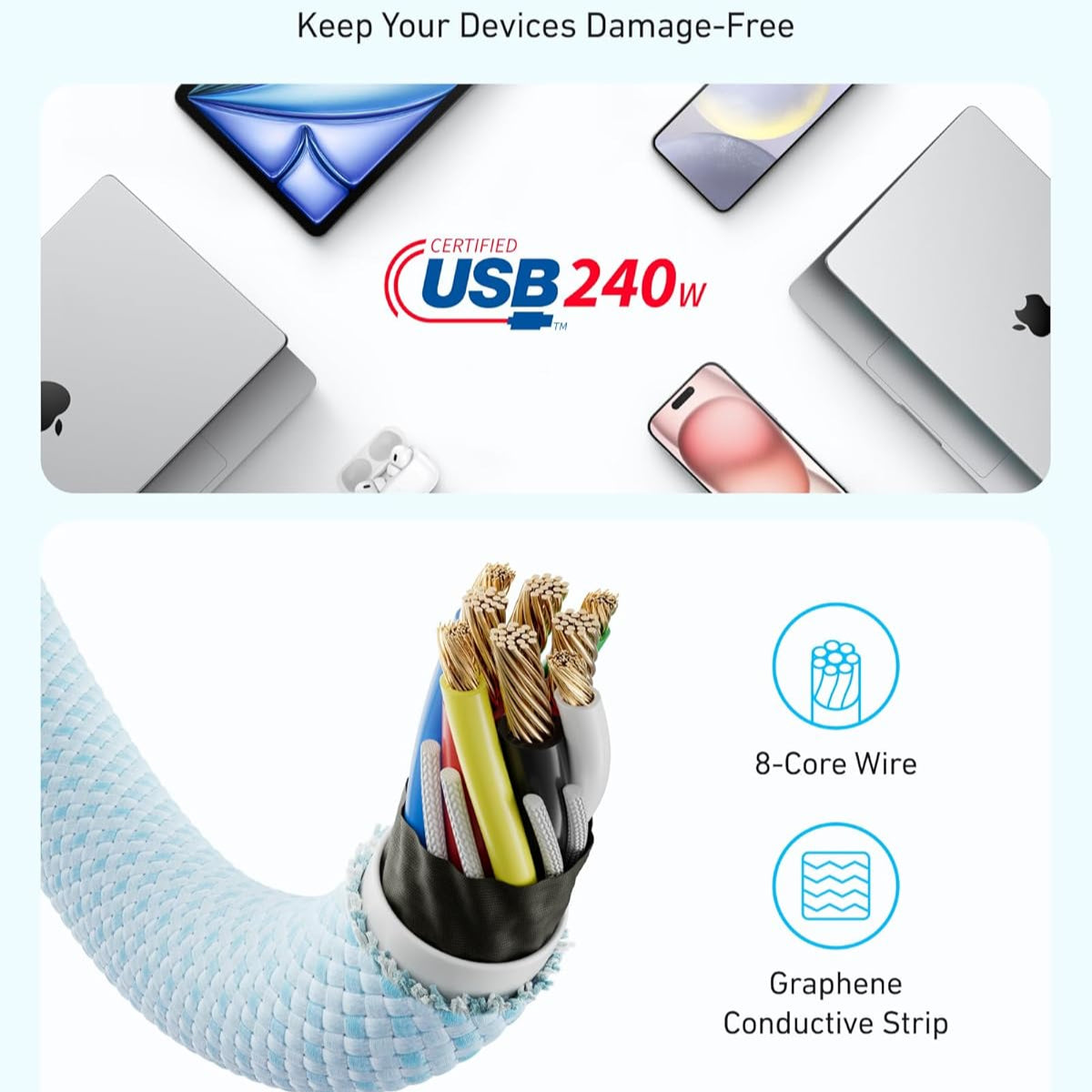 Anker Zolo 240W USB Type-C to USB Type-C Cable, Braided and Dirt-Free Type C Fast Charging 1m Cable - White