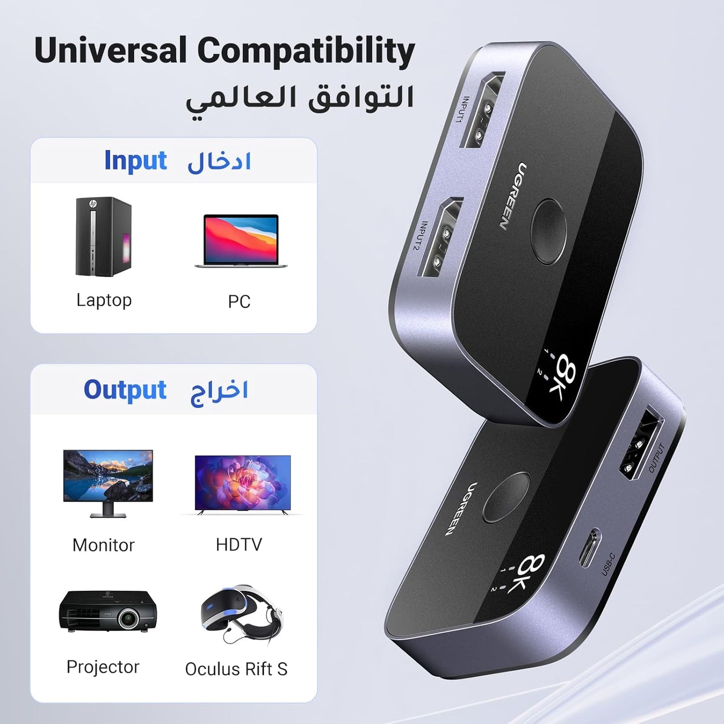 UGREEN 8K 30Hz HDMI DisplayPort 2 in 1 Bi-Directional Switch / 15708