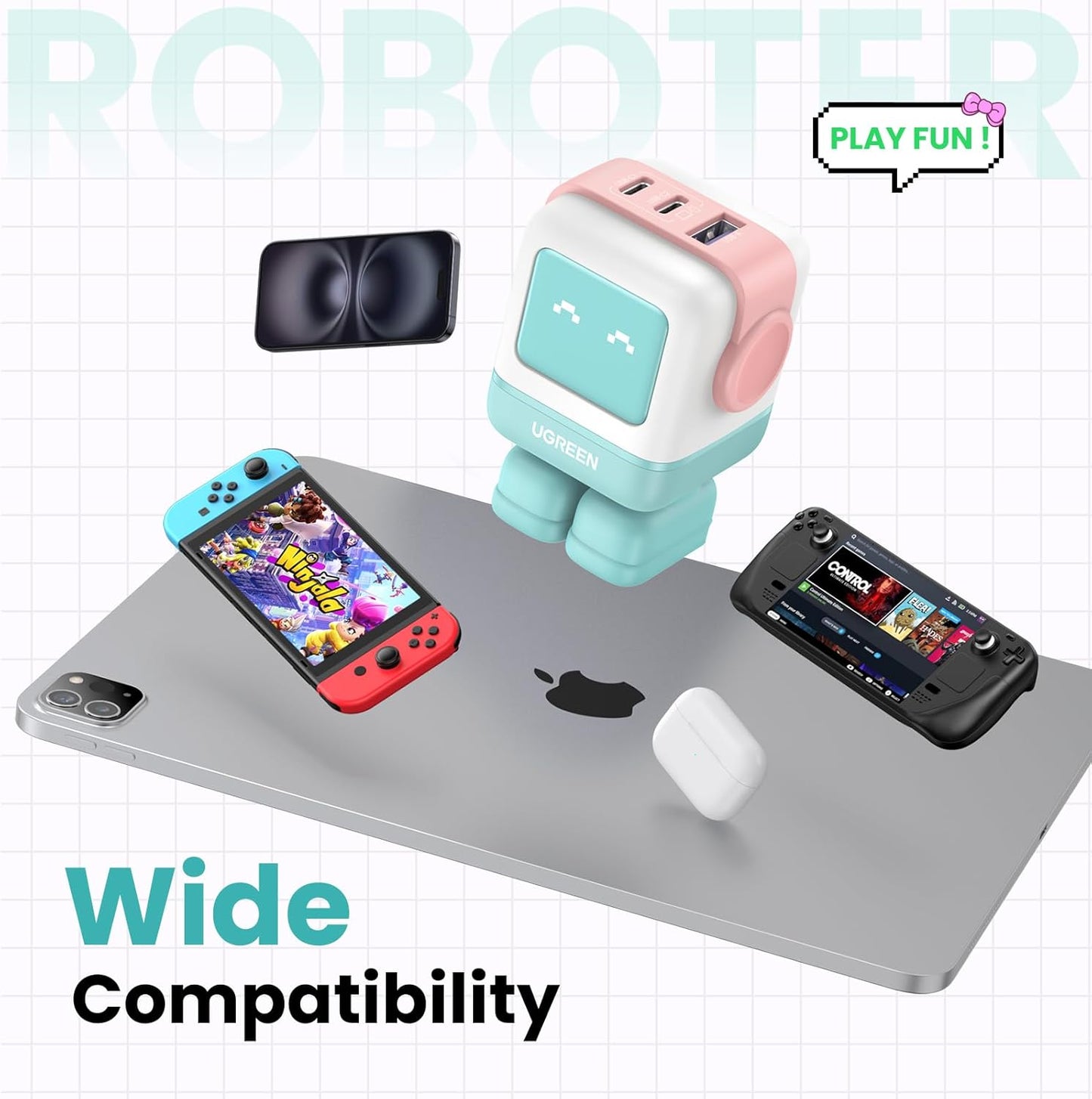 شاحن يوجرين على شكل روبوت 3 منافذ شاحن سريع بقوة 65 واط | 25685B(EU)