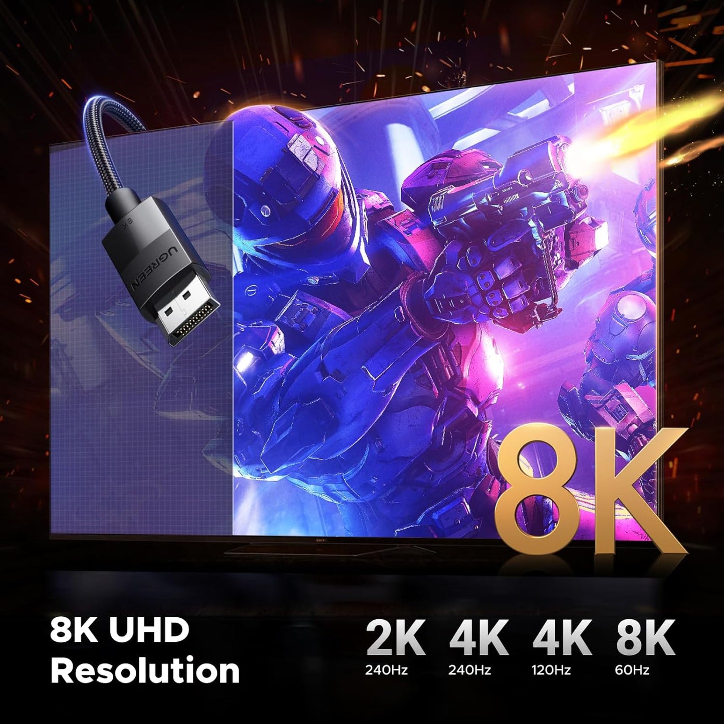 UGREEN DP Male to Male DP1.4 8K Round Cable ABS Shell Braid (Black) / DP114