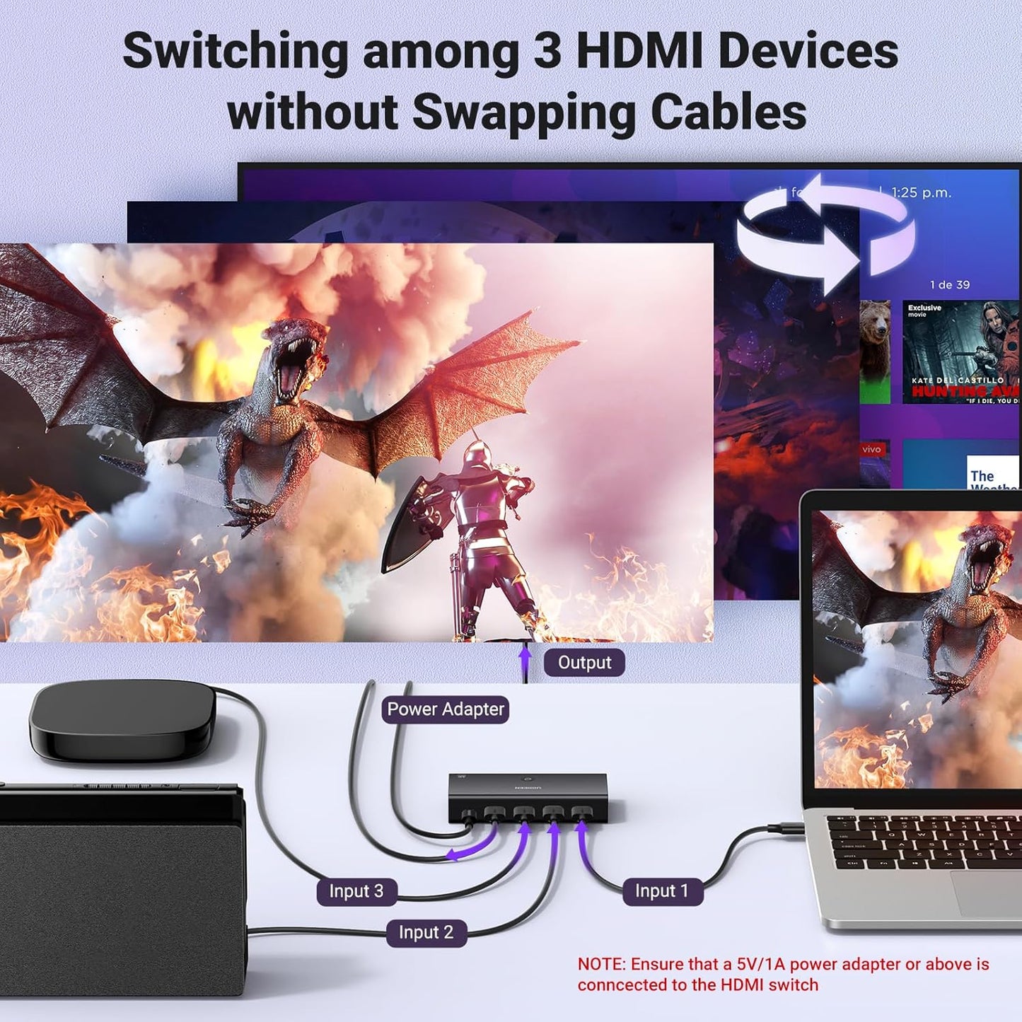 UGREEN 4K@60Hz HDMI Switch - 3 in 1 Out with Remote / 15376