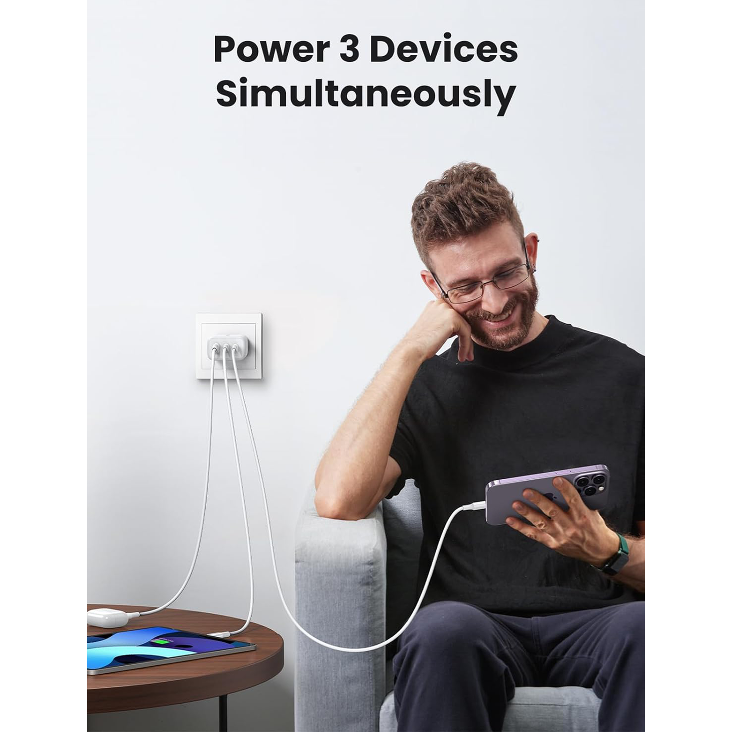 شاحن يوجرين بقوة 65 وات ، 3 منافذ، شاحن حائط سريع قابل للطي / 90496