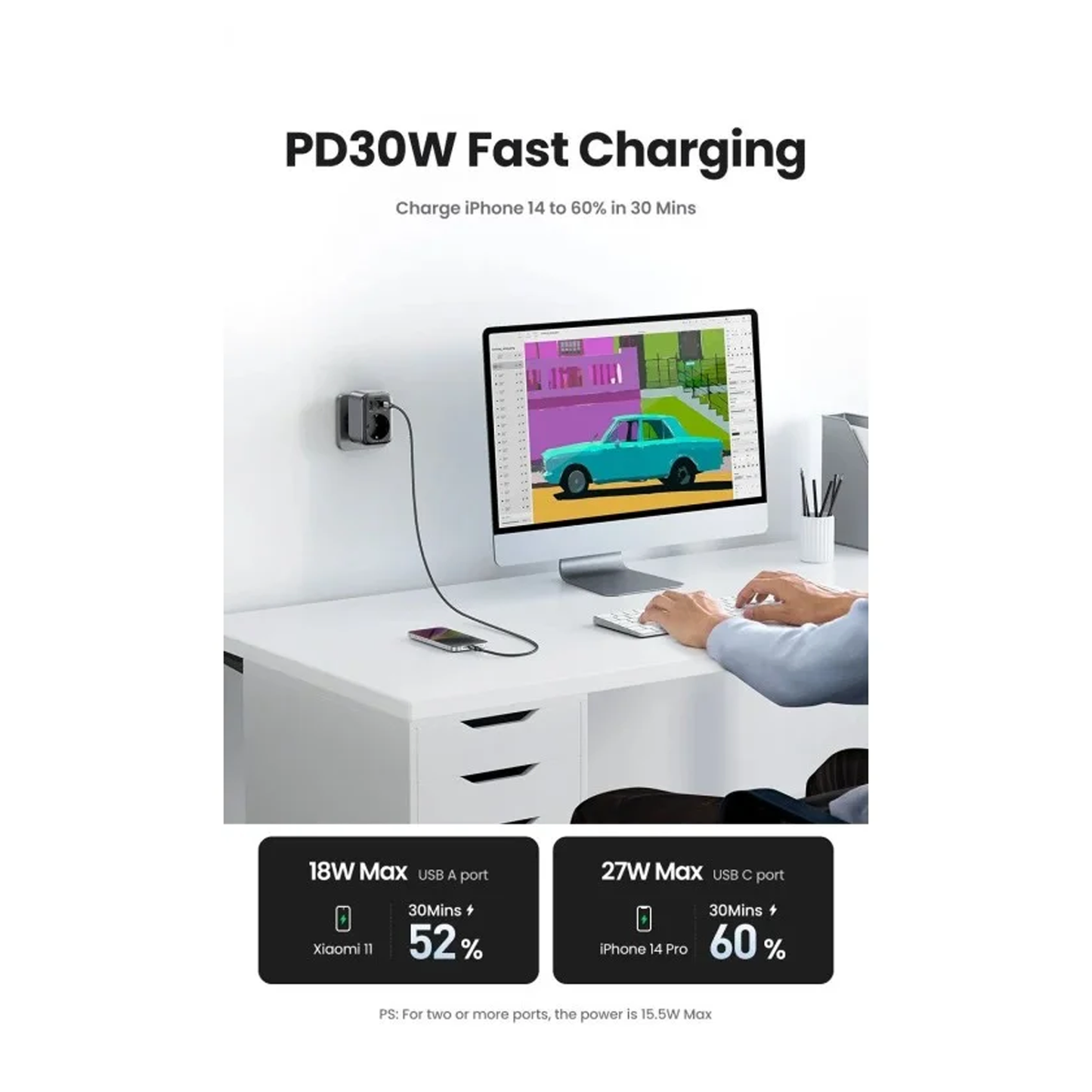 عظمة كهرباء يوجرين مخرج كهرباء و 3 منافذ شحن بقوة 30 واط  مدخل اروبي  / 90613