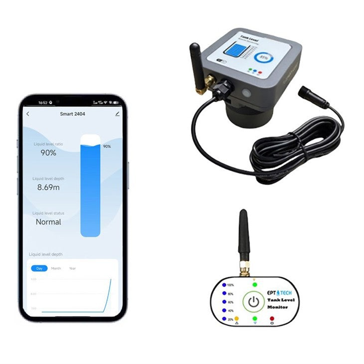 جهاز قياس مستوى الخزان | شاشة منزلية وايفاي و حساس لاسلكي ستانلس | يدعم عمق 10 متر | EPTech.WiFi.RF.10M