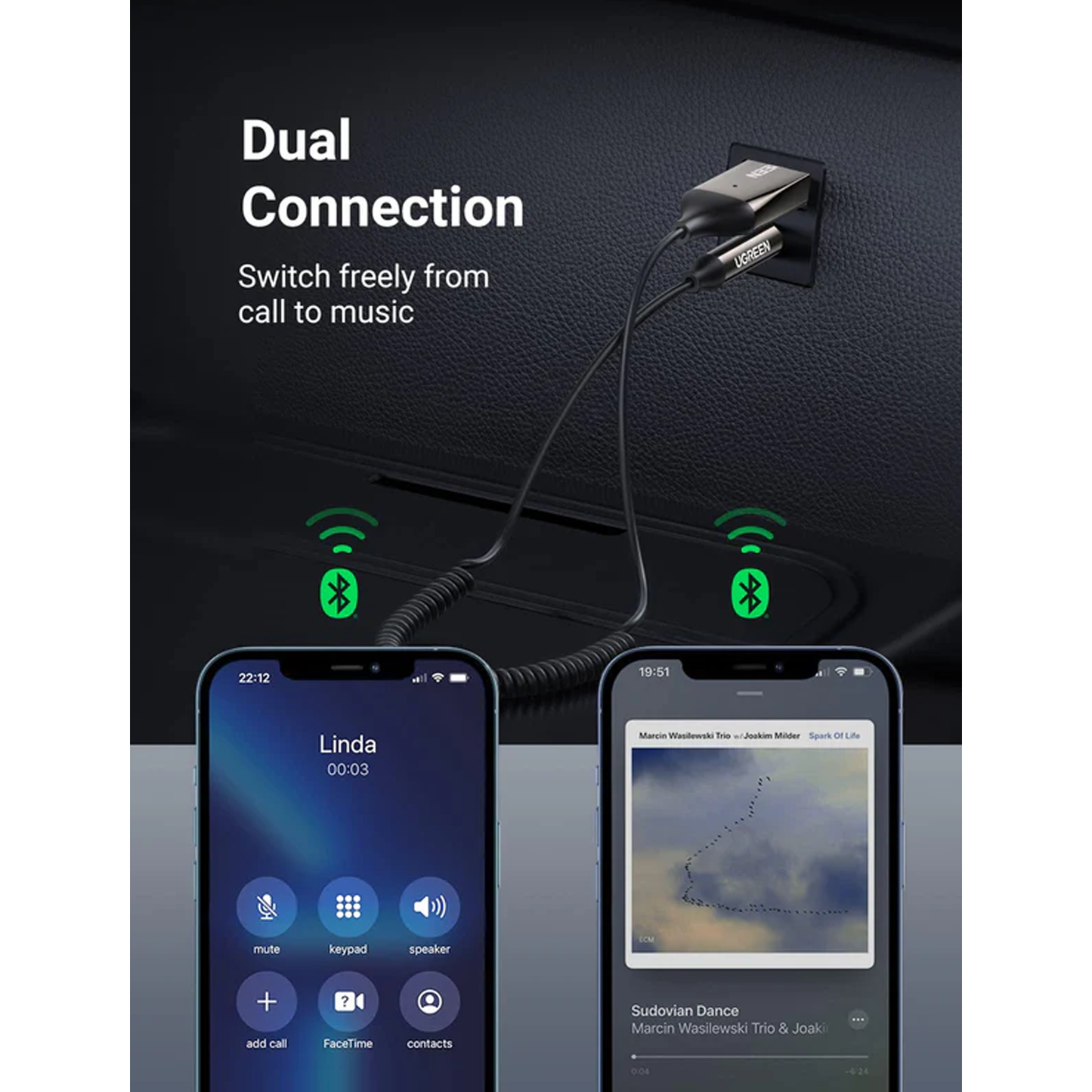 UGREEN Car Bluetooth 5.0 Receiver  Audio Adapter Black(5.0) / 70601