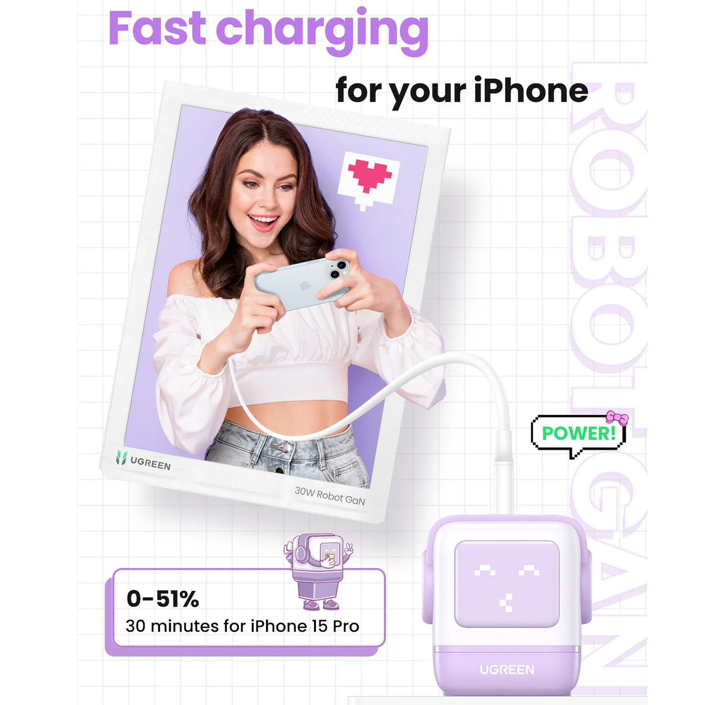 شاحن سريع بقوة 65 واط  بثلاثة منافذ لون بنفسجي |Robot.Uno.Purple.CD361.35291(EU)