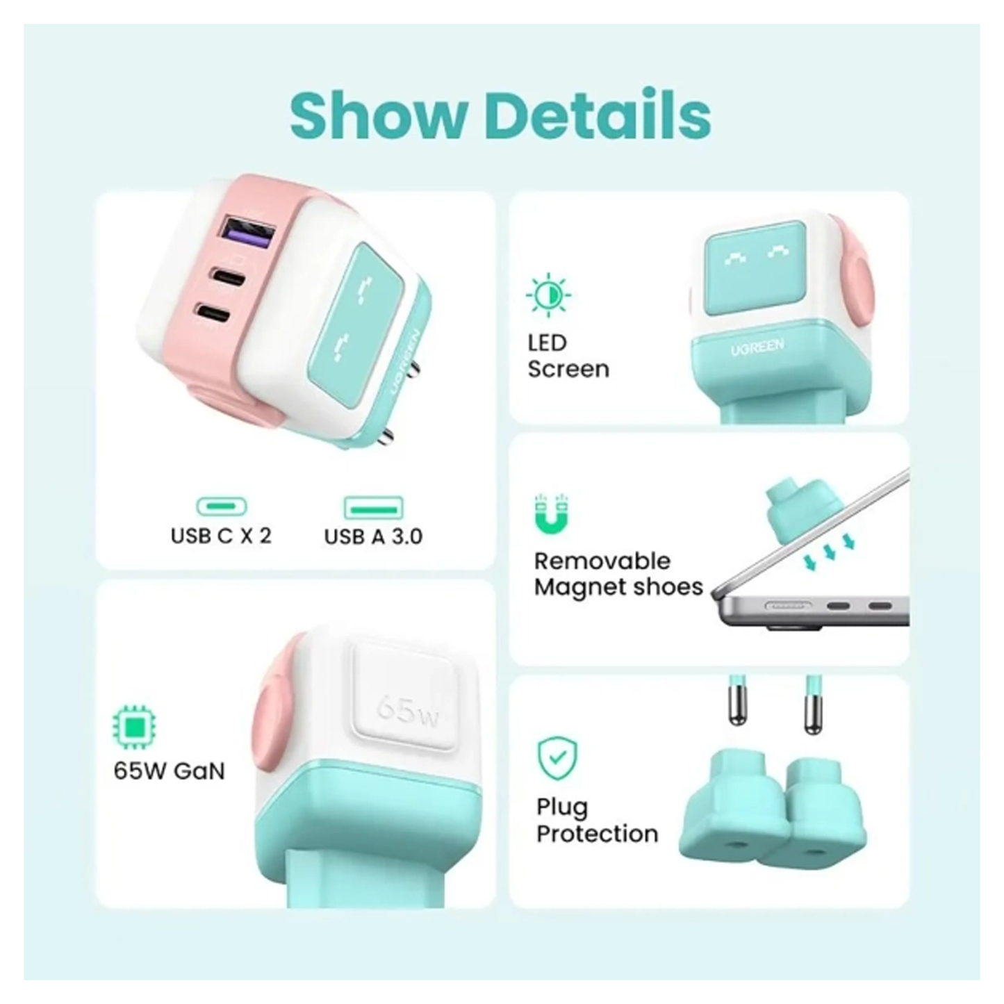 شاحن يوجرين على شكل روبوت 3 منافذ شاحن سريع بقوة 65 واط | 25685B(EU)